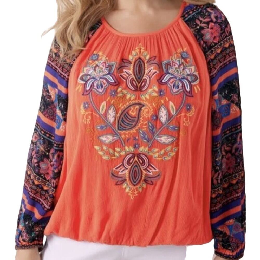 Soft Surroundings Blame Rio Floral Embroidered Boho Blouse Top Orange Purple M